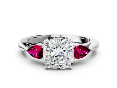White gold Cushion Cut Diamond Three-Stone Ring with Pear with Garnet side stone Side Stones and Prong Setting_48
