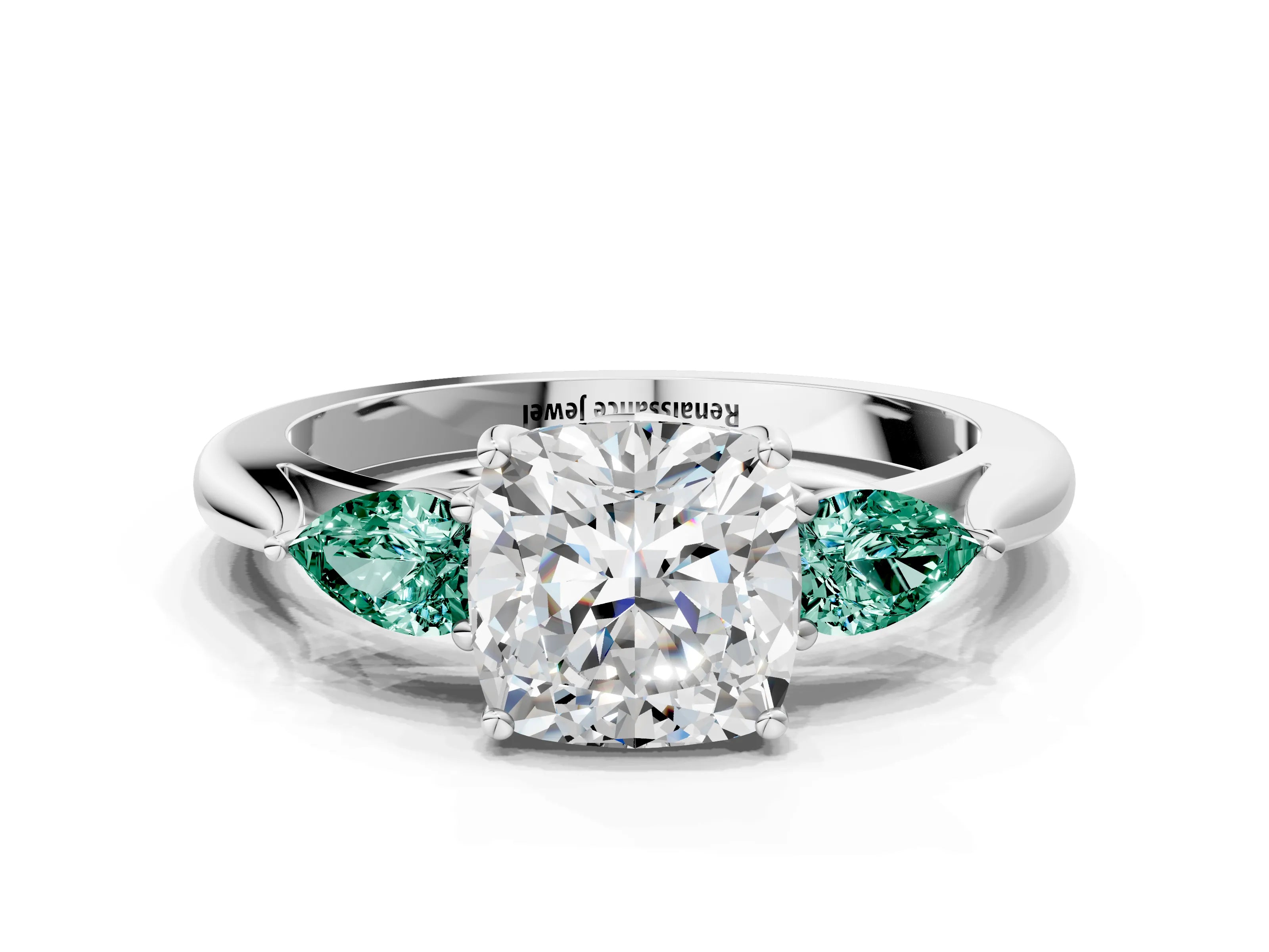 White gold Cushion Cut Diamond Three-Stone Ring with Pear with Green Sapphire side stone Side Stones and Prong Setting_57