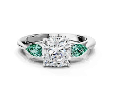 White gold Cushion Cut Diamond Three-Stone Ring with Pear with Green Sapphire side stone Side Stones and Prong Setting_57