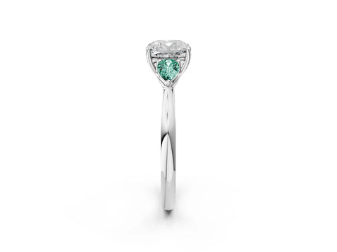 White gold Cushion Cut Diamond Three-Stone Ring with Pear with Green Sapphire side stone Side Stones and Prong Setting_59