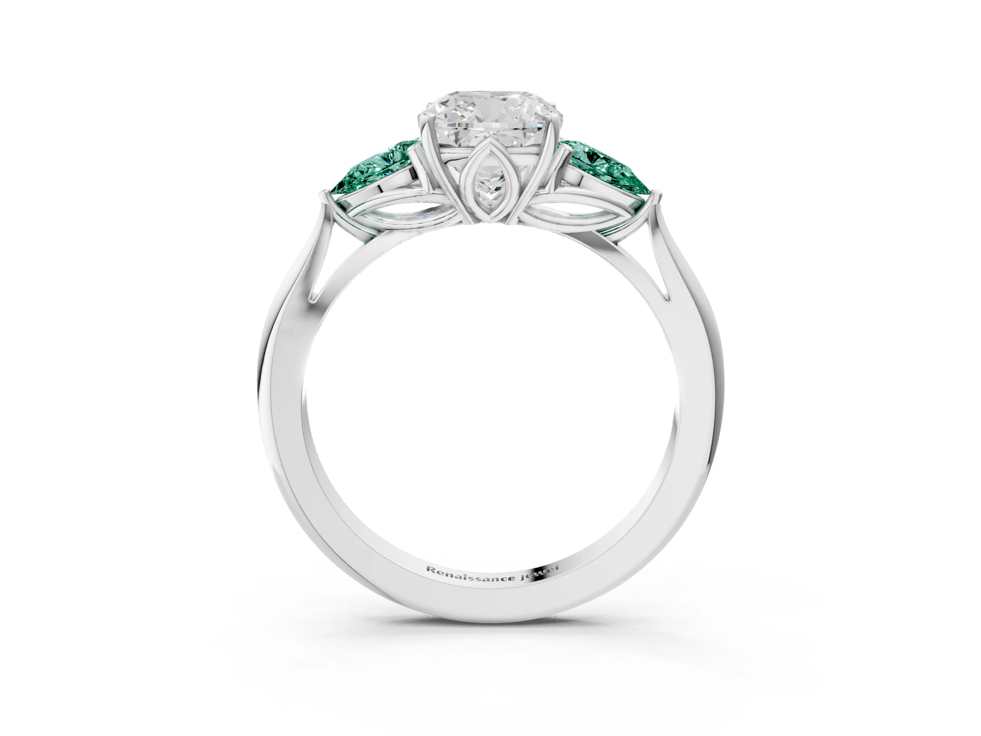 White gold Cushion Cut Diamond Three-Stone Ring with Pear with Green Sapphire side stone Side Stones and Prong Setting_60