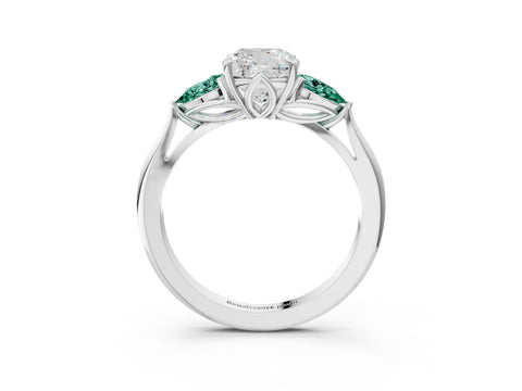 White gold Cushion Cut Diamond Three-Stone Ring with Pear with Green Sapphire side stone Side Stones and Prong Setting_60