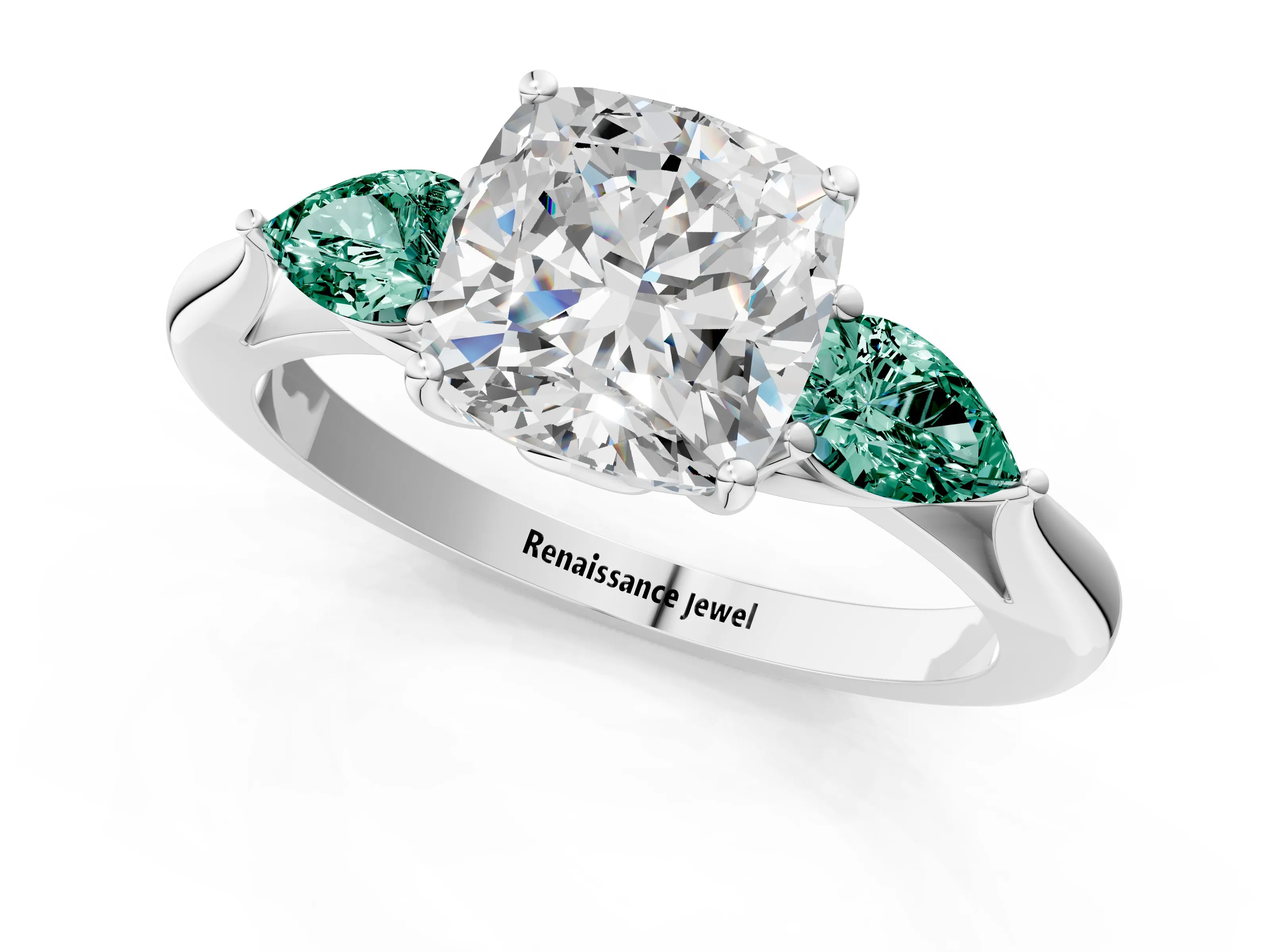 White gold Cushion Cut Diamond Three-Stone Ring with Pear with Green Sapphire side stone Side Stones and Prong Setting_61