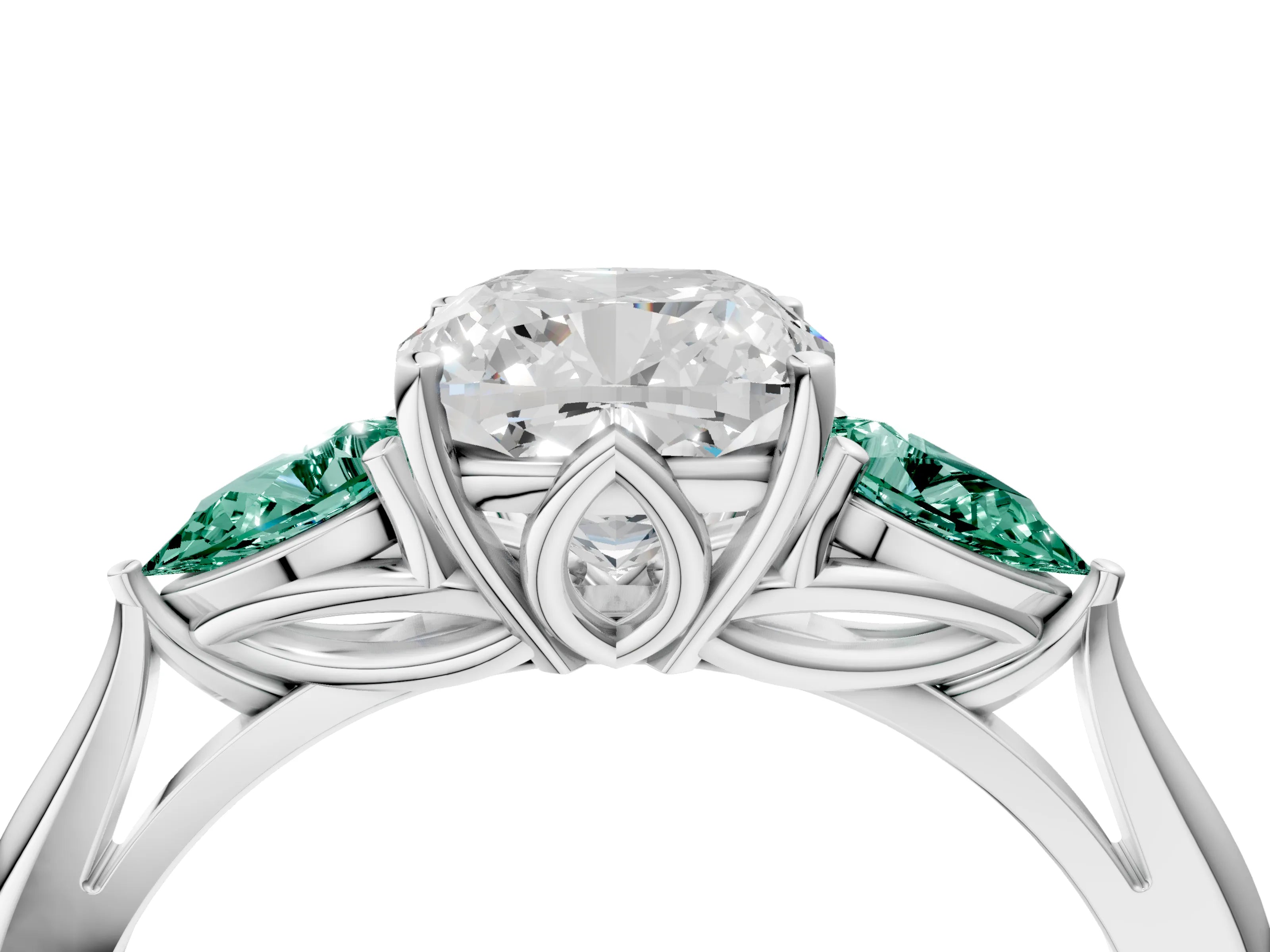 White gold Cushion Cut Diamond Three-Stone Ring with Pear with Green Sapphire side stone Side Stones and Prong Setting_61