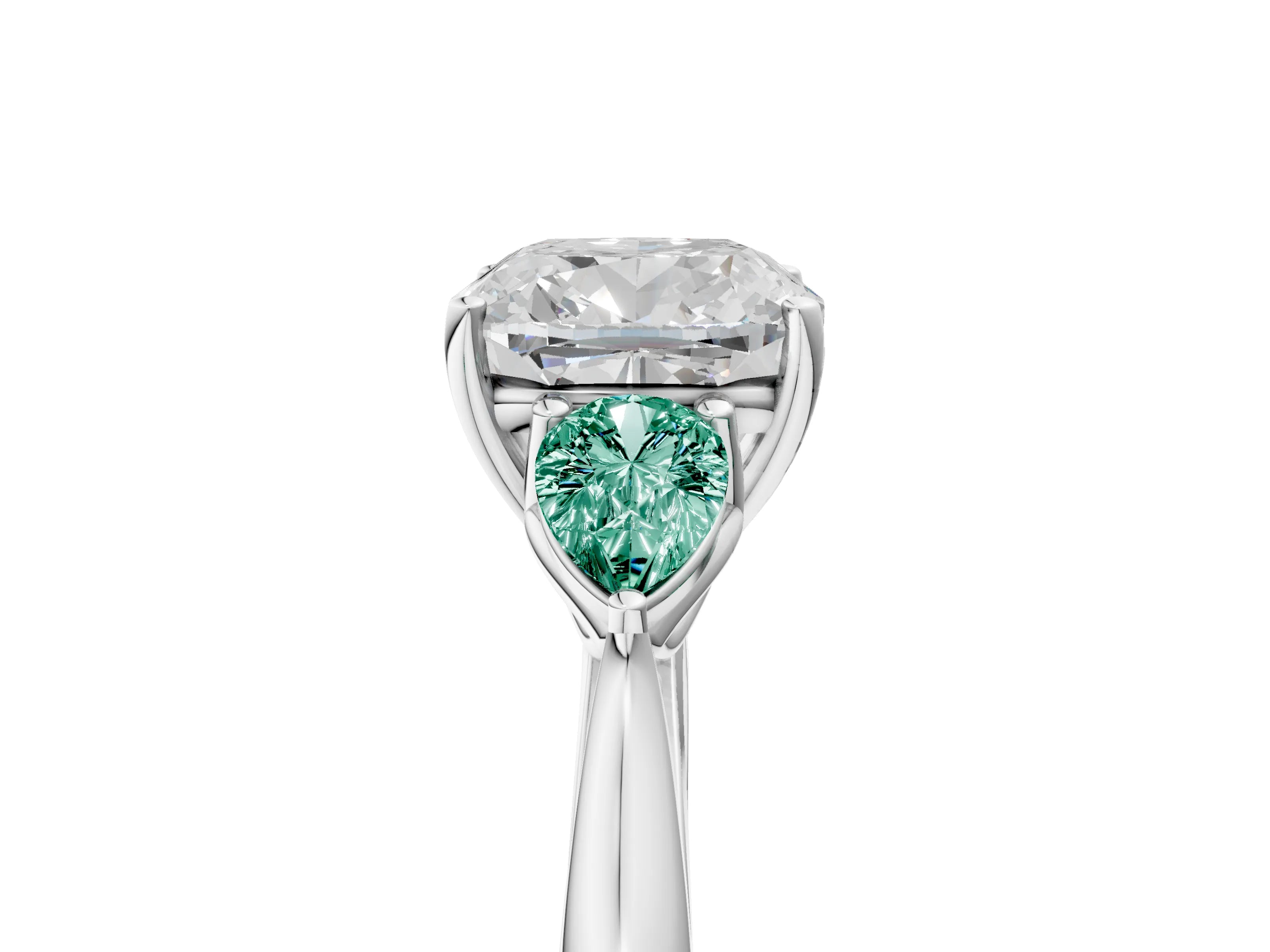 White gold Cushion Cut Diamond Three-Stone Ring with Pear with Green Sapphire side stone Side Stones and Prong Setting_62