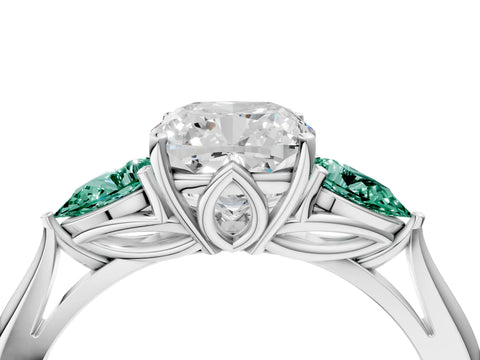 White gold Cushion Cut Diamond Three-Stone Ring with Pear with Green Sapphire side stone Side Stones and Prong Setting_82