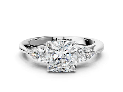 White gold Cushion Cut Diamond Three-Stone Ring with Pear with Moissanite side stone Side Stones and Prong Setting_36
