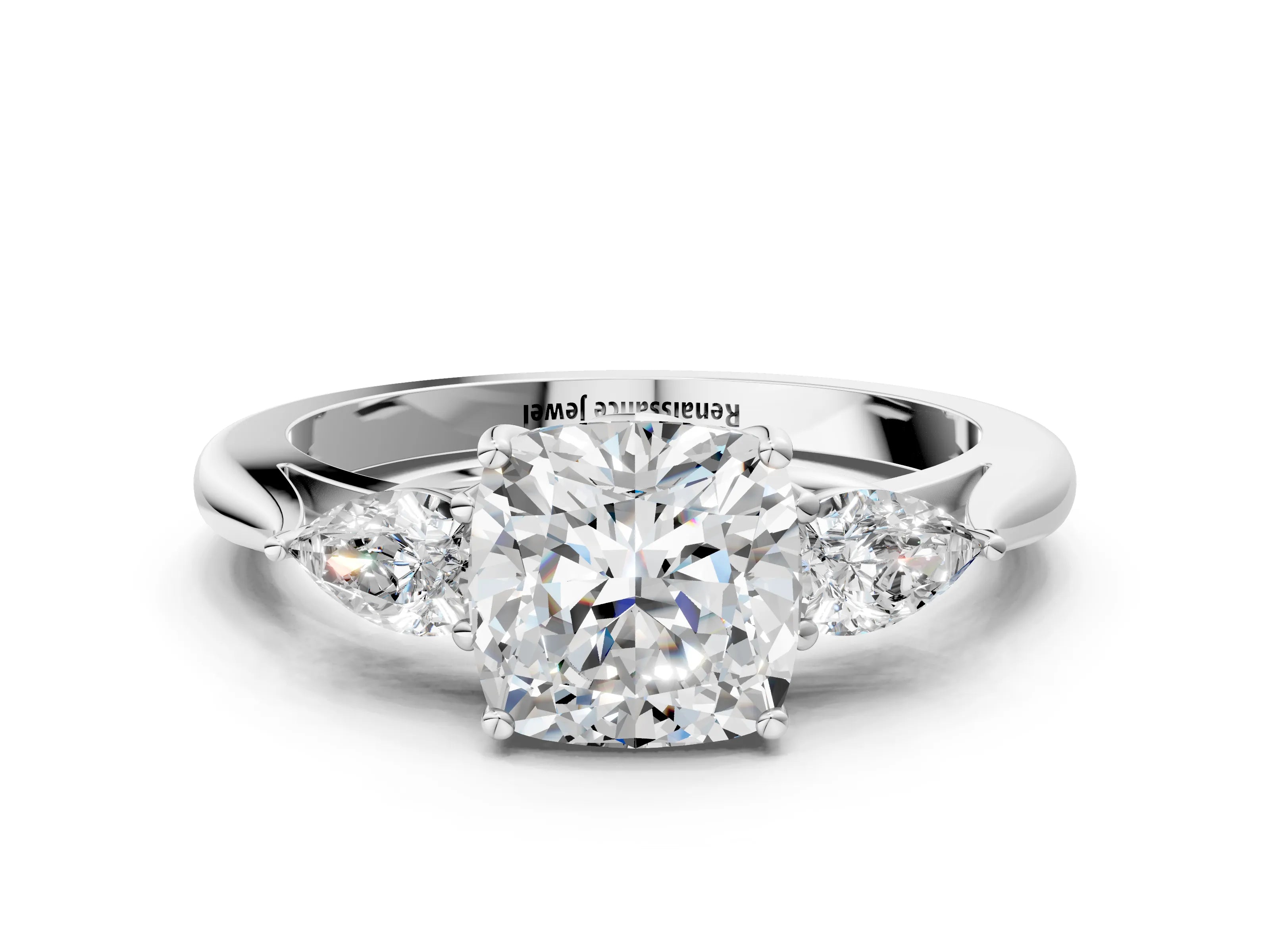 White gold Cushion Cut Diamond Three-Stone Ring with Pear with Moissanite side stone Side Stones and Prong Setting_60