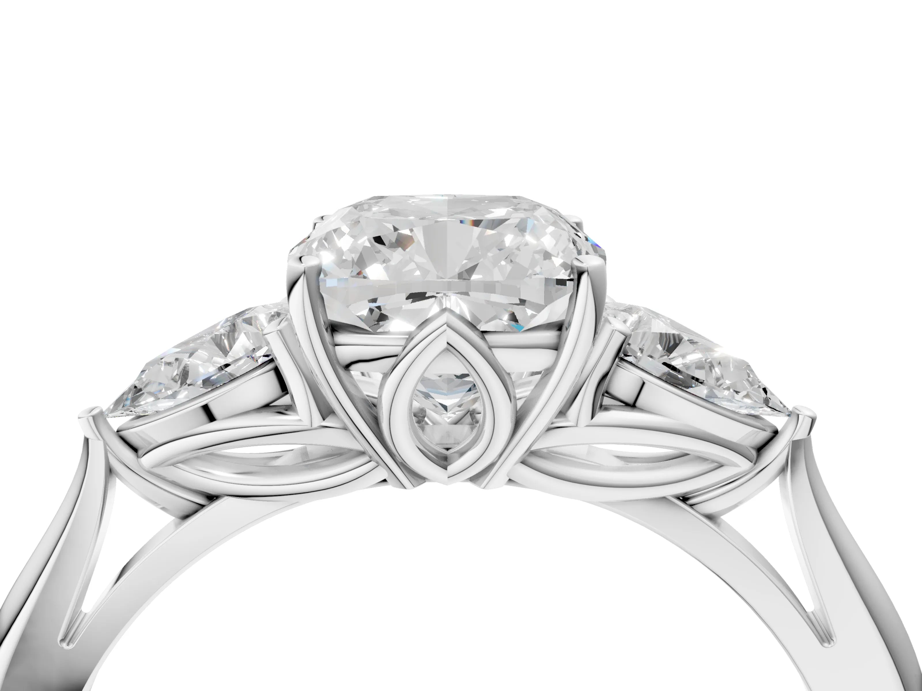 White gold Cushion Cut Diamond Three-Stone Ring with Pear with Moissanite side stone Side Stones and Prong Setting_64