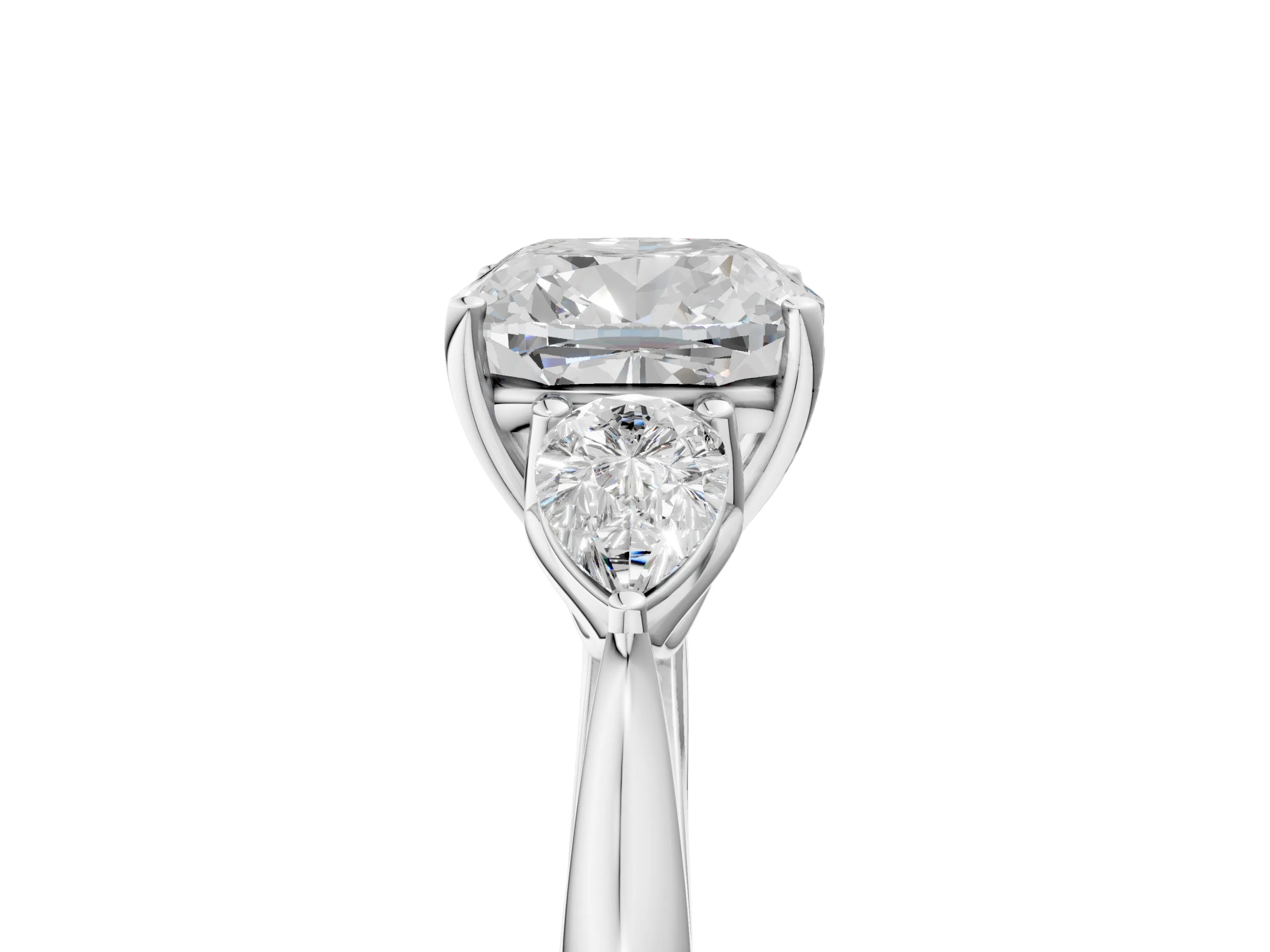 White gold Cushion Cut Diamond Three-Stone Ring with Pear with Moissanite side stone Side Stones and Prong Setting_65
