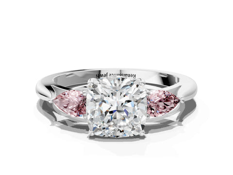 White gold Cushion Cut Diamond Three-Stone Ring with Pear with Morganite side stone Side Stones and Prong Setting_24