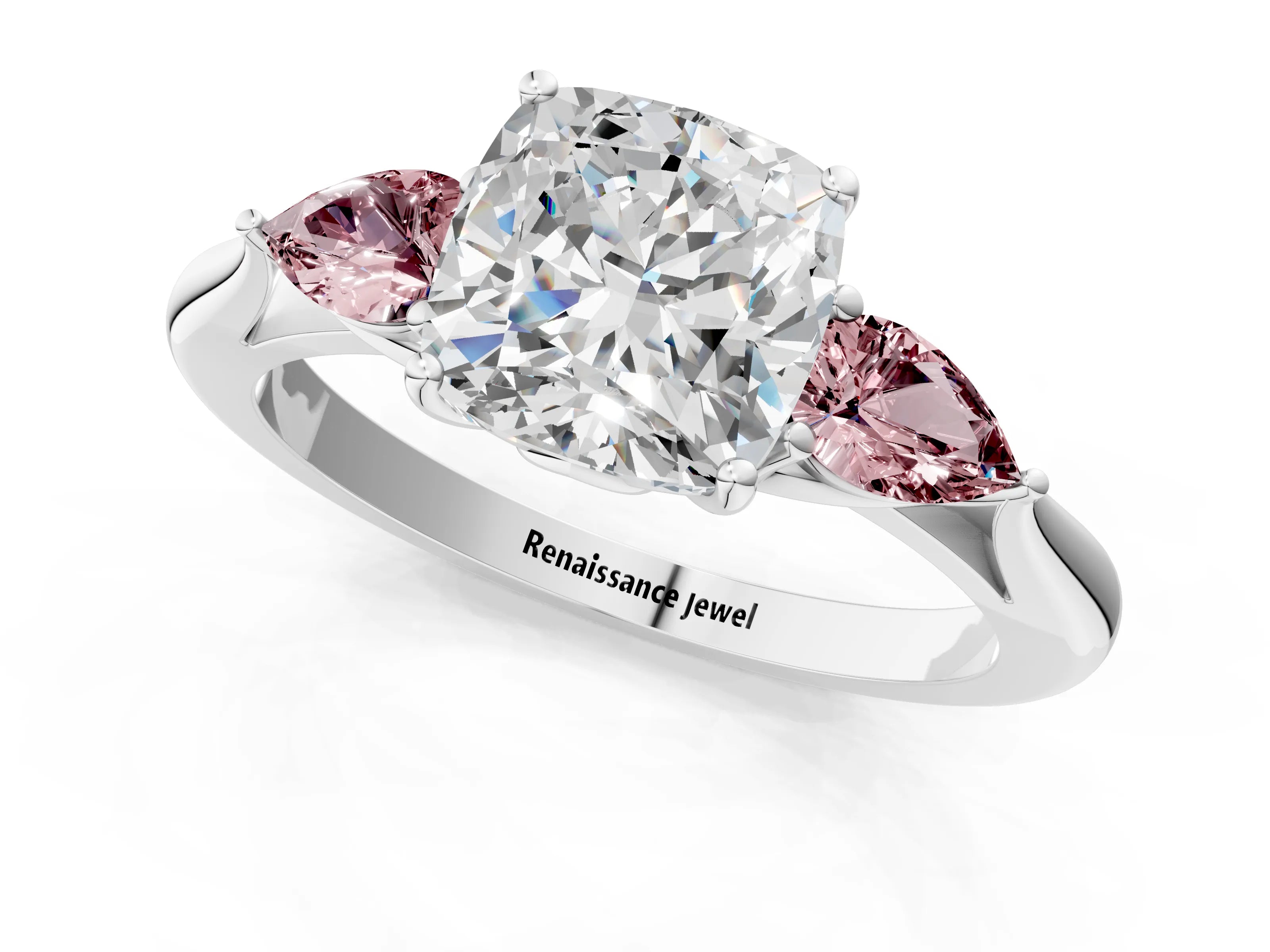 White gold Cushion Cut Diamond Three-Stone Ring with Pear with Morganite side stone Side Stones and Prong Setting_25