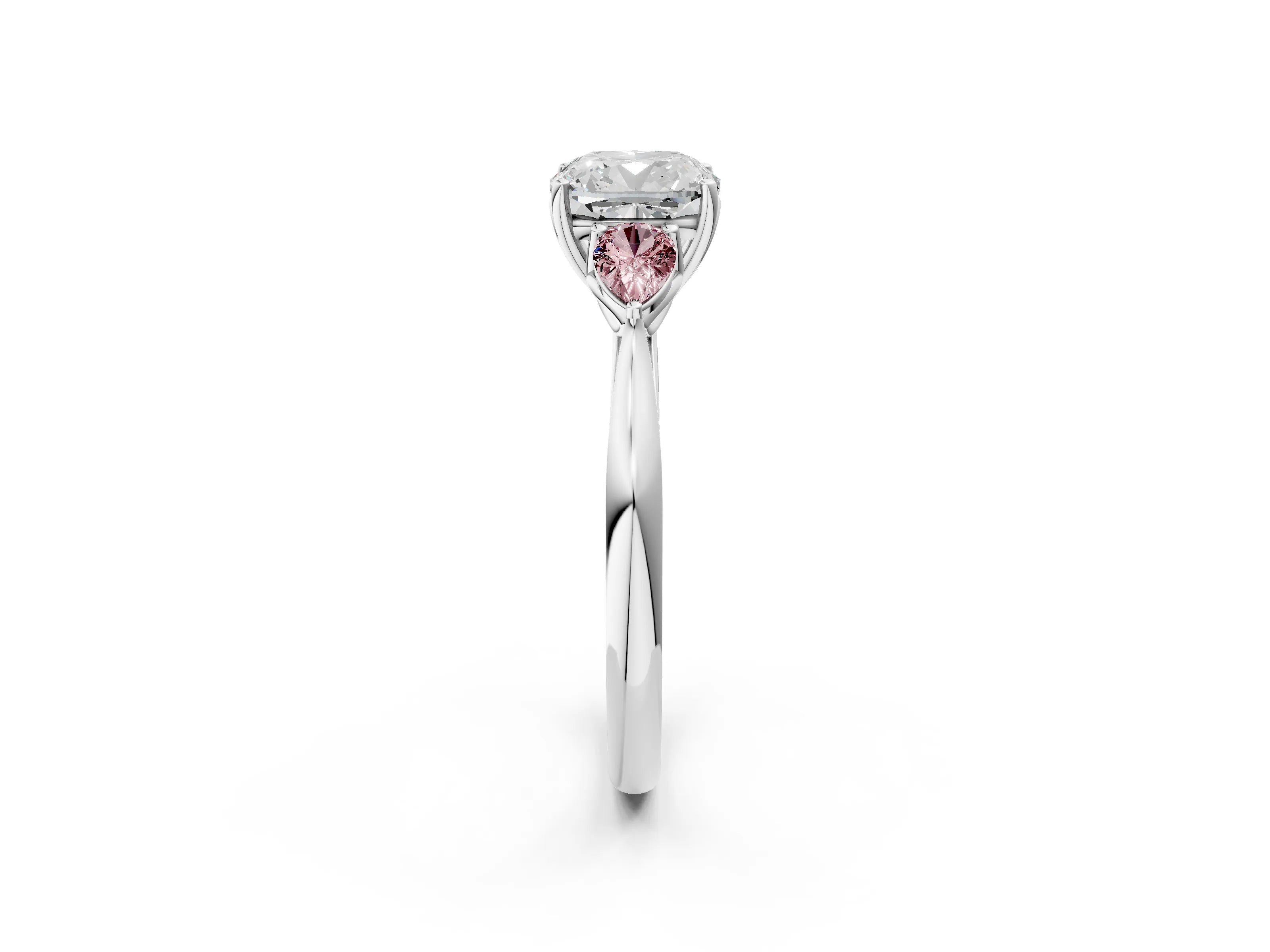 White gold Cushion Cut Diamond Three-Stone Ring with Pear with Morganite side stone Side Stones and Prong Setting_26