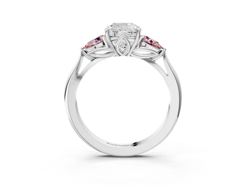 White gold Cushion Cut Diamond Three-Stone Ring with Pear with Morganite side stone Side Stones and Prong Setting_27