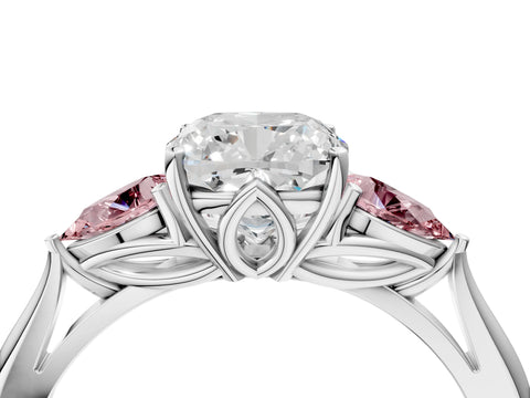 White gold Cushion Cut Diamond Three-Stone Ring with Pear with Morganite side stone Side Stones and Prong Setting_28