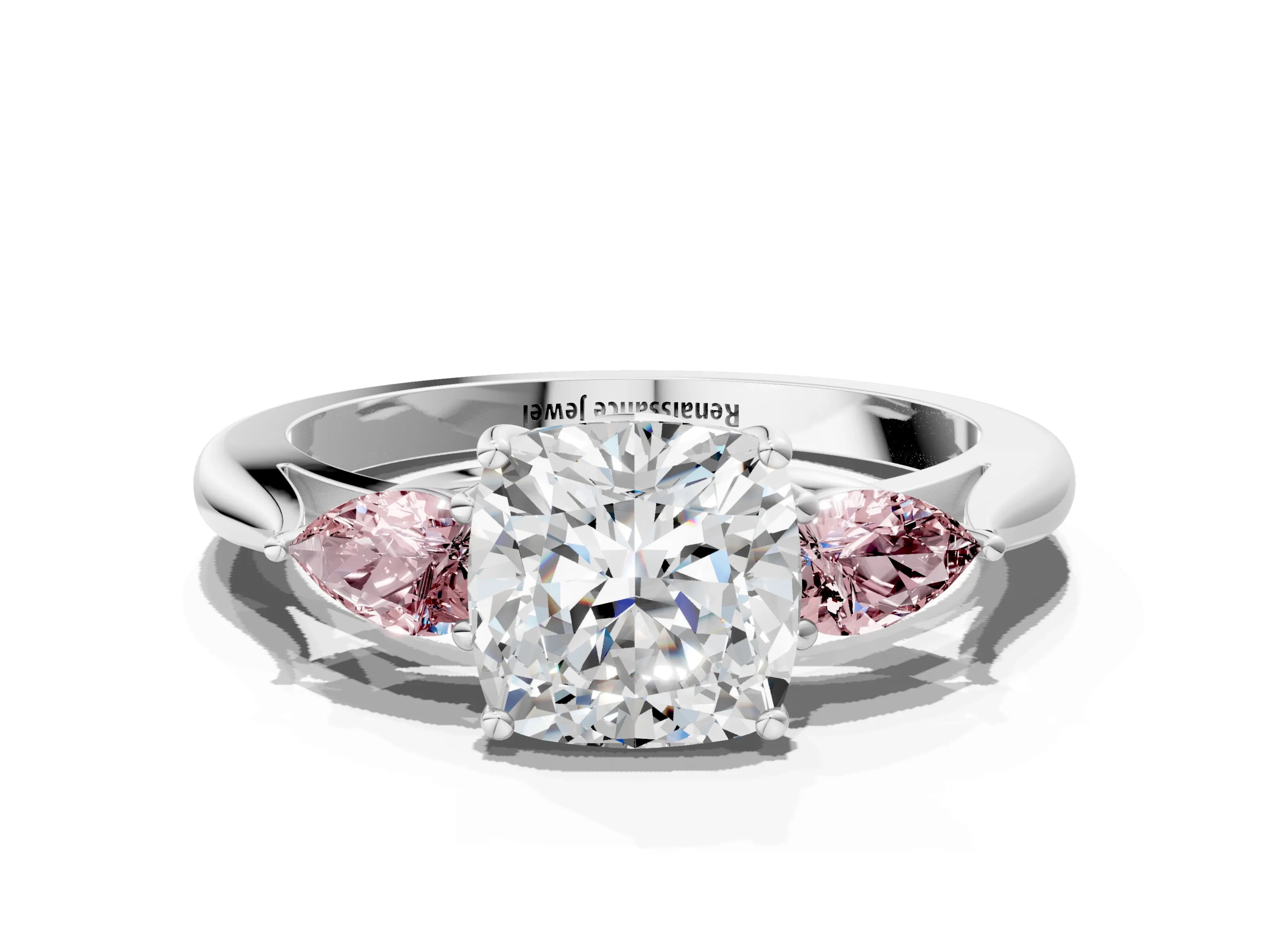 White gold Cushion Cut Diamond Three-Stone Ring with Pear with Morganite side stone Side Stones and Prong Setting_48