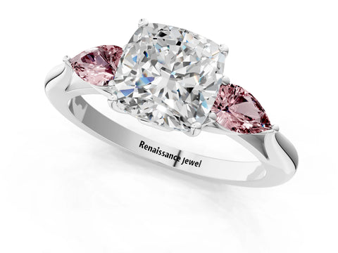 White gold Cushion Cut Diamond Three-Stone Ring with Pear with Morganite side stone Side Stones and Prong Setting_49