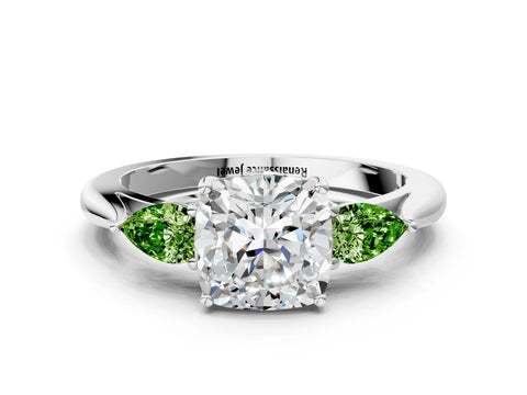 White gold Cushion Cut Diamond Three-Stone Ring with Pear with Peridot side stone Side Stones and Prong Setting_12