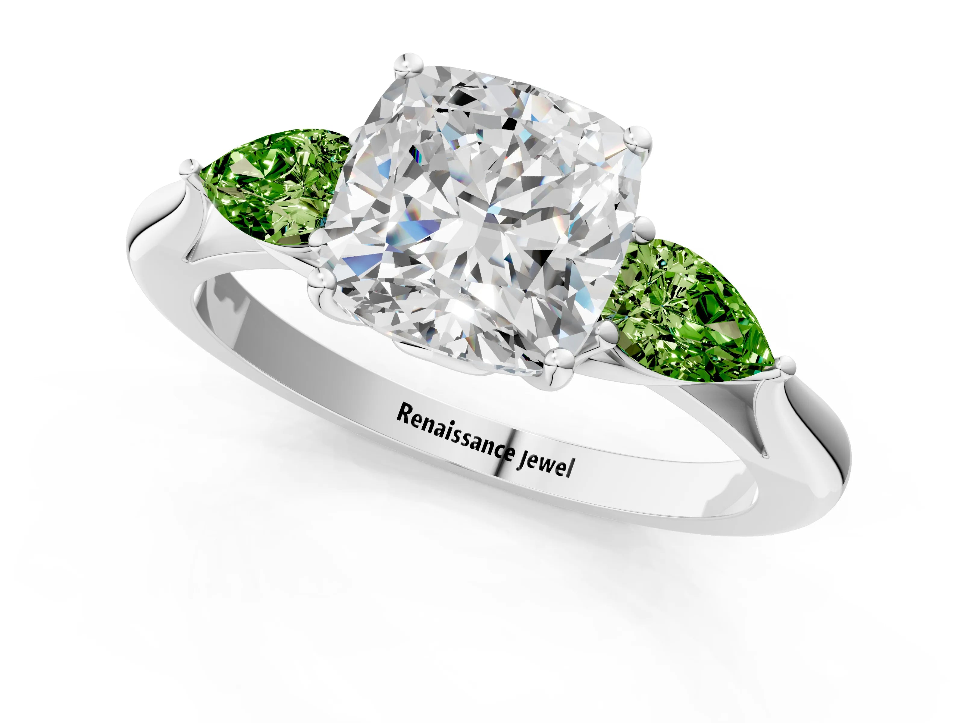 White gold Cushion Cut Diamond Three-Stone Ring with Pear with Peridot side stone Side Stones and Prong Setting_13