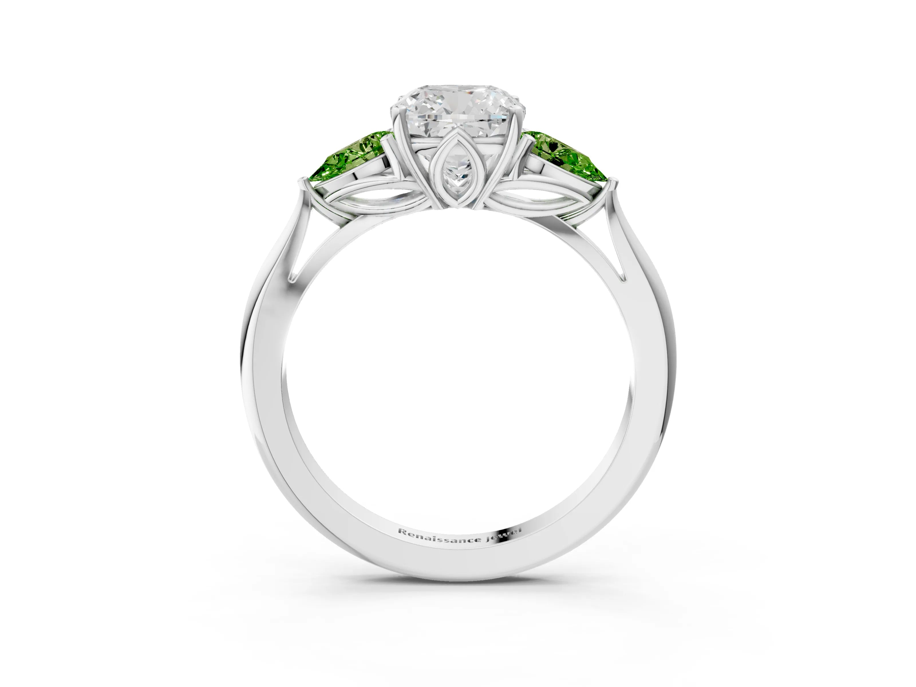 White gold Cushion Cut Diamond Three-Stone Ring with Pear with Peridot side stone Side Stones and Prong Setting_15