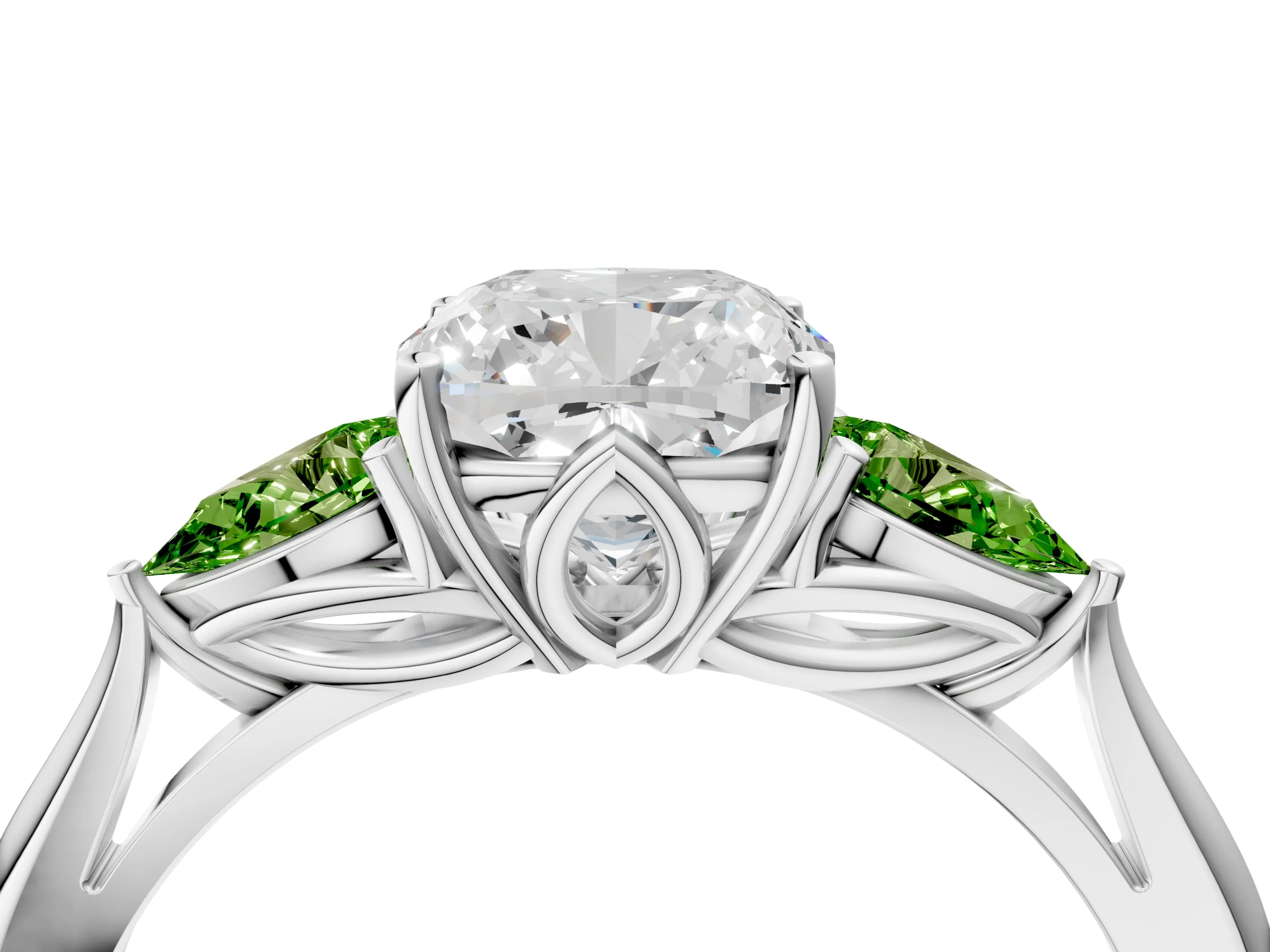 White gold Cushion Cut Diamond Three-Stone Ring with Pear with Peridot side stone Side Stones and Prong Setting_16