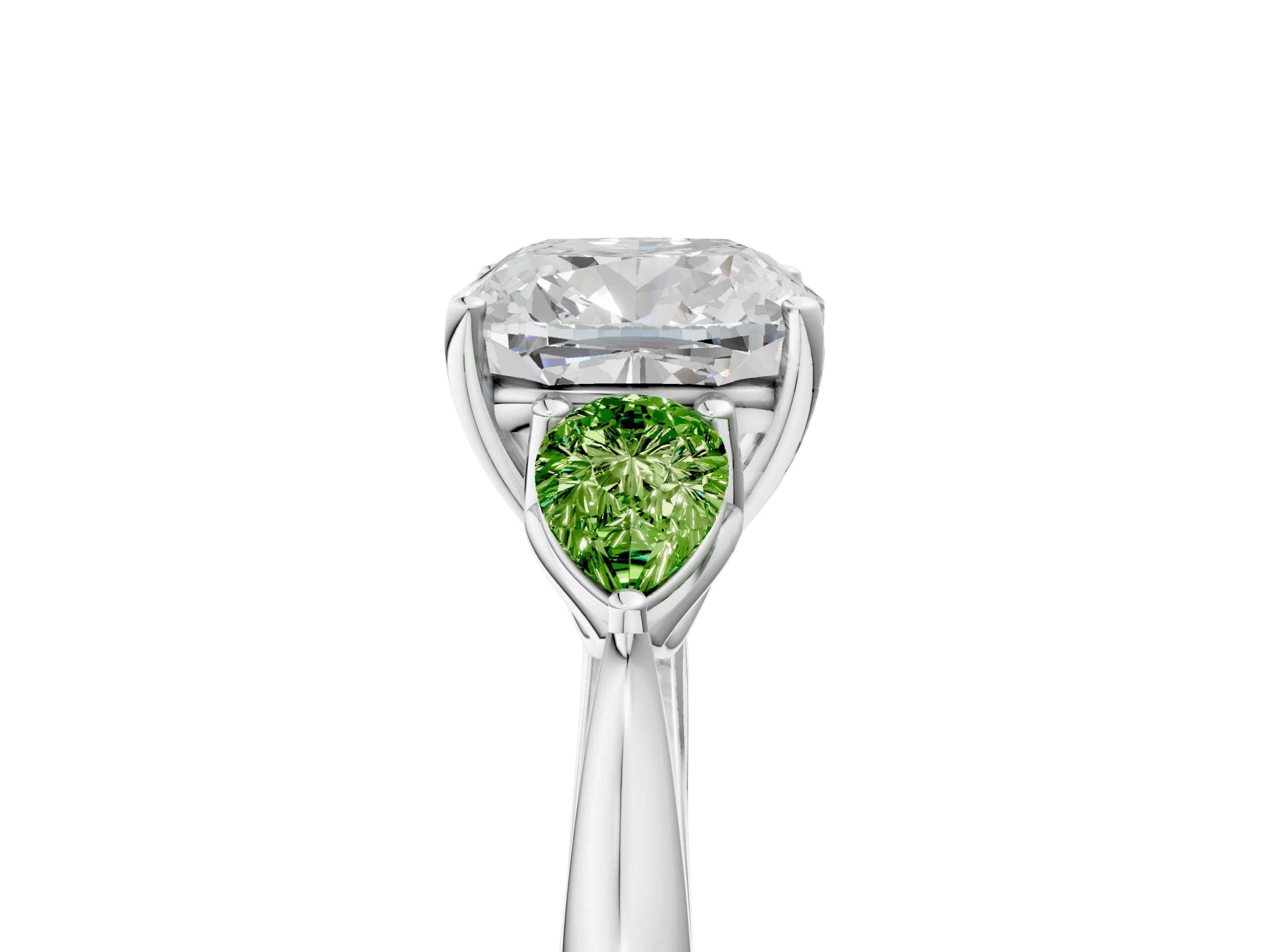 White gold Cushion Cut Diamond Three-Stone Ring with Pear with Peridot side stone Side Stones and Prong Setting_17