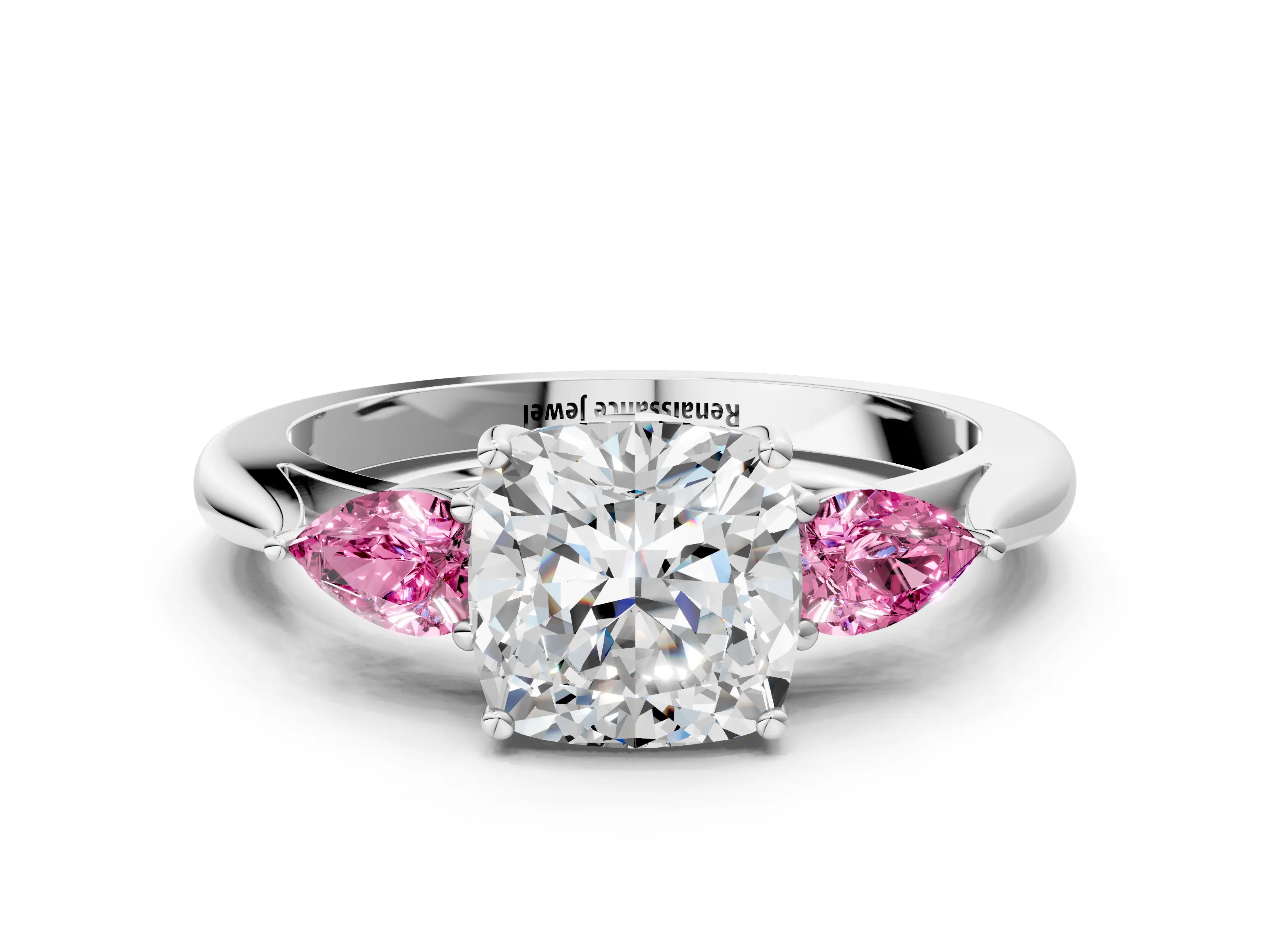 White gold Cushion Cut Diamond Three-Stone Ring with Pear with Pink Sapphire side stone Side Stones and Prong Setting_48