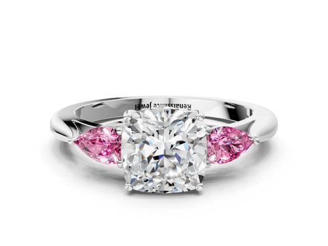 White gold Cushion Cut Diamond Three-Stone Ring with Pear with Pink Sapphire side stone Side Stones and Prong Setting_48