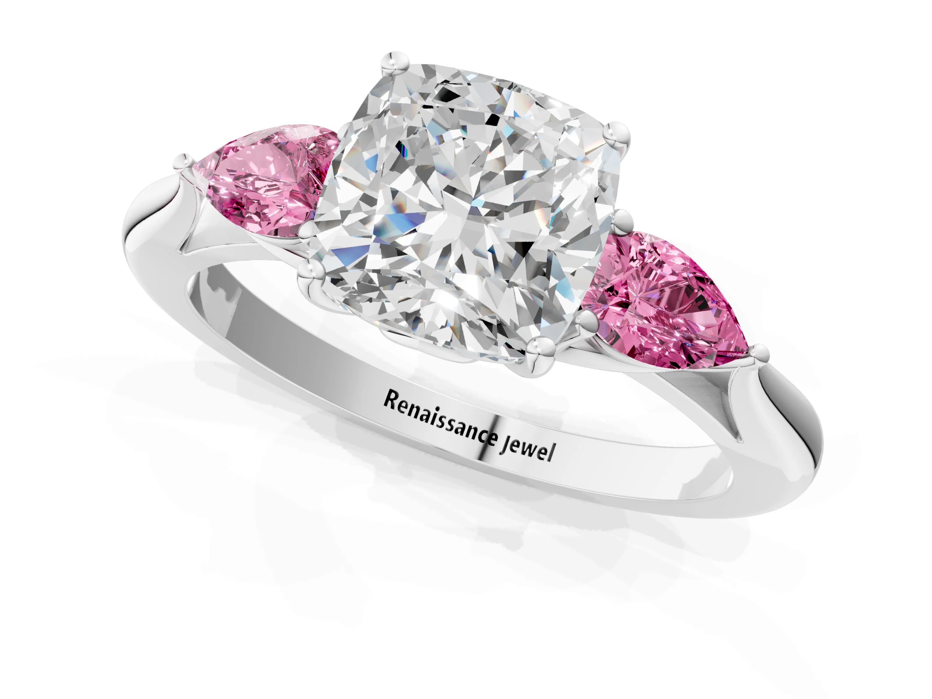 White gold Cushion Cut Diamond Three-Stone Ring with Pear with Pink Sapphire side stone Side Stones and Prong Setting_49