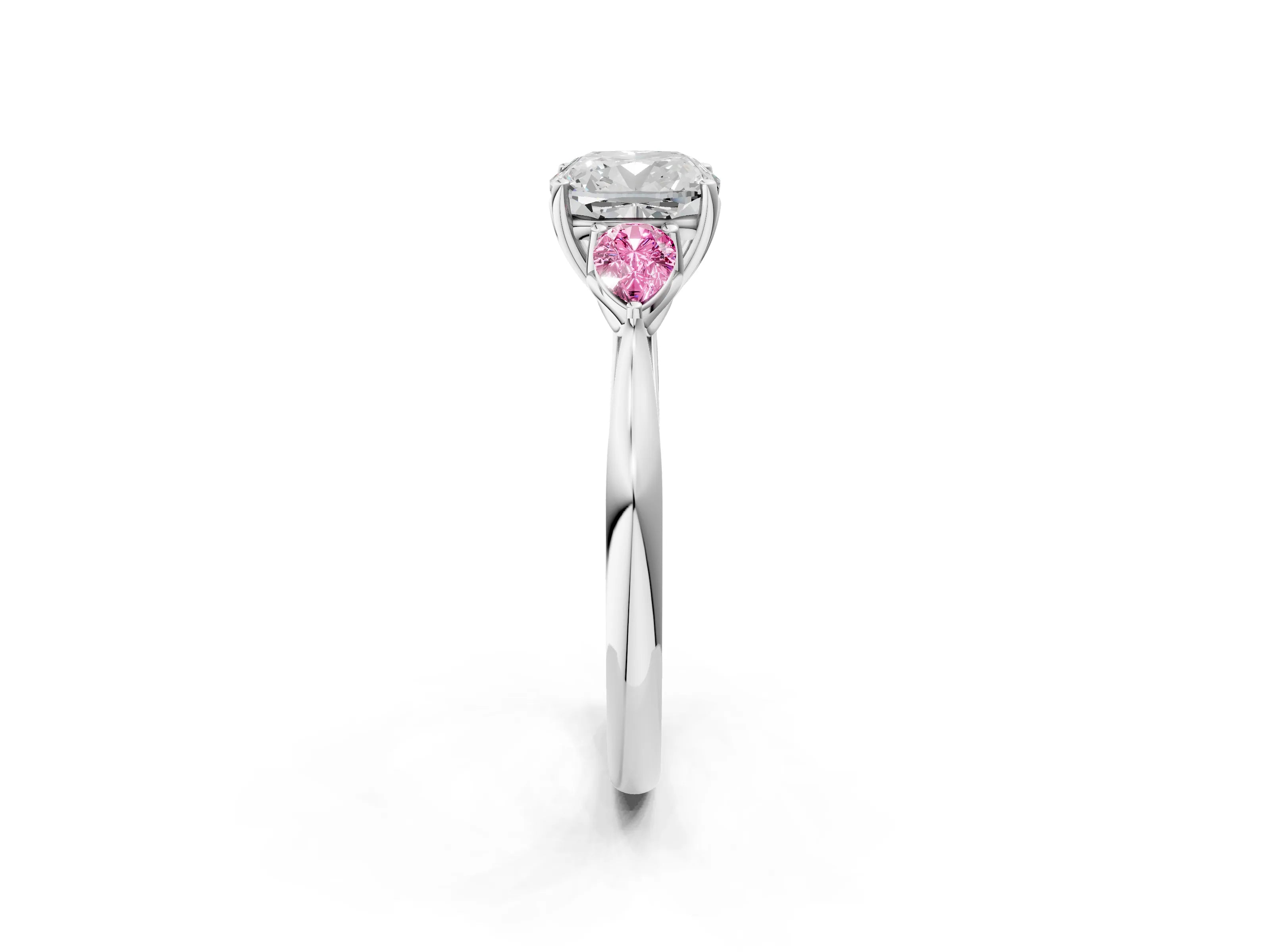 White gold Cushion Cut Diamond Three-Stone Ring with Pear with Pink Sapphire side stone Side Stones and Prong Setting_50