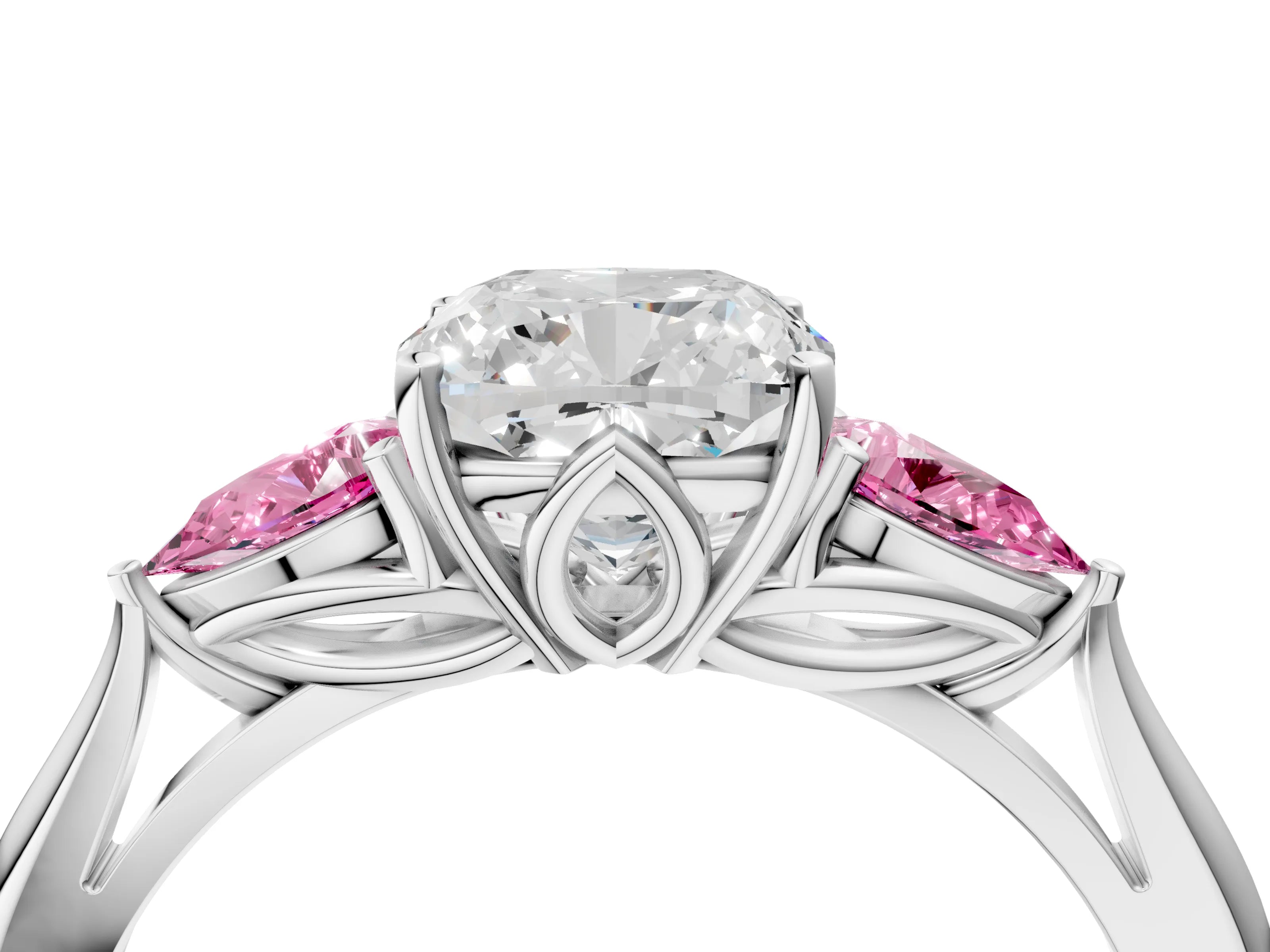 White gold Cushion Cut Diamond Three-Stone Ring with Pear with Pink Sapphire side stone Side Stones and Prong Setting_52