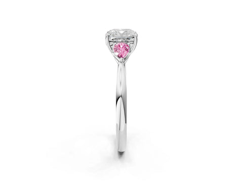 White gold Cushion Cut Diamond Three-Stone Ring with Pear with Pink Sapphire side stone Side Stones and Prong Setting_74