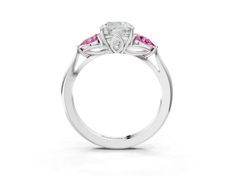 White gold Cushion Cut Diamond Three-Stone Ring with Pear with Pink Sapphire side stone Side Stones and Prong Setting_75