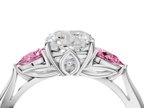 White gold Cushion Cut Diamond Three-Stone Ring with Pear with Pink Sapphire side stone Side Stones and Prong Setting_76