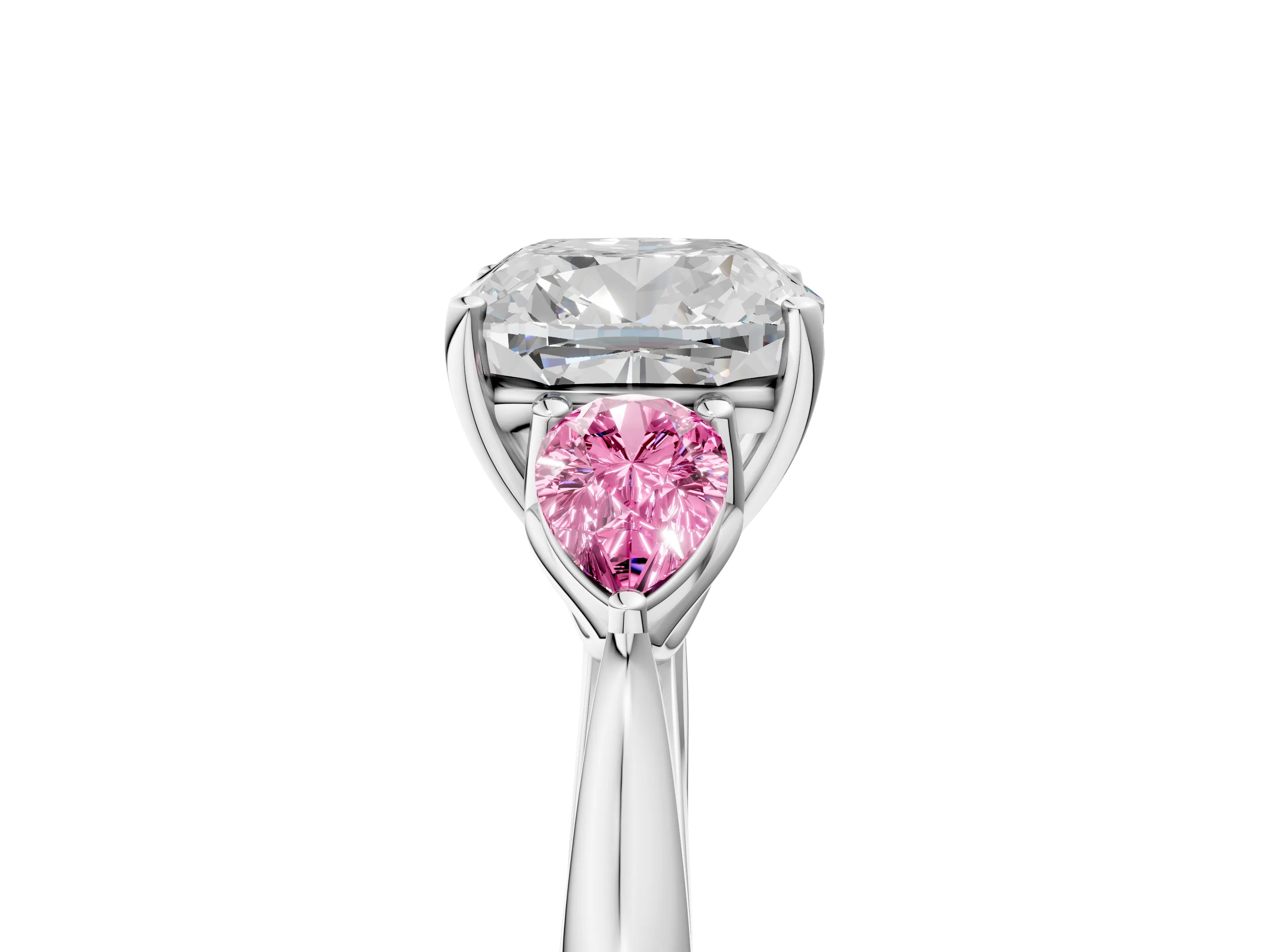 White gold Cushion Cut Diamond Three-Stone Ring with Pear with Pink Sapphire side stone Side Stones and Prong Setting_77