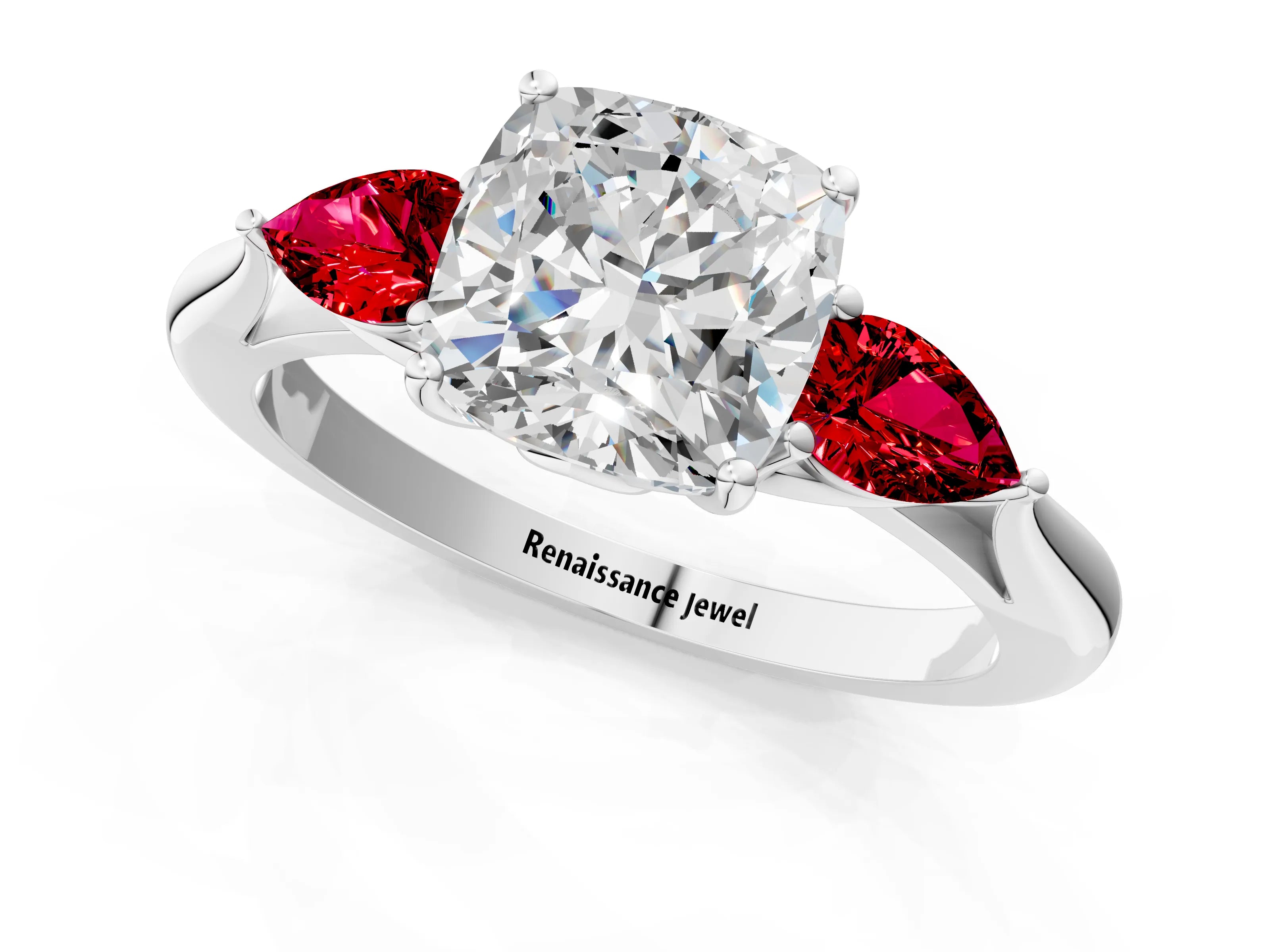 White gold Cushion Cut Diamond Three-Stone Ring with Pear with Ruby side stone Side Stones and Prong Setting_37