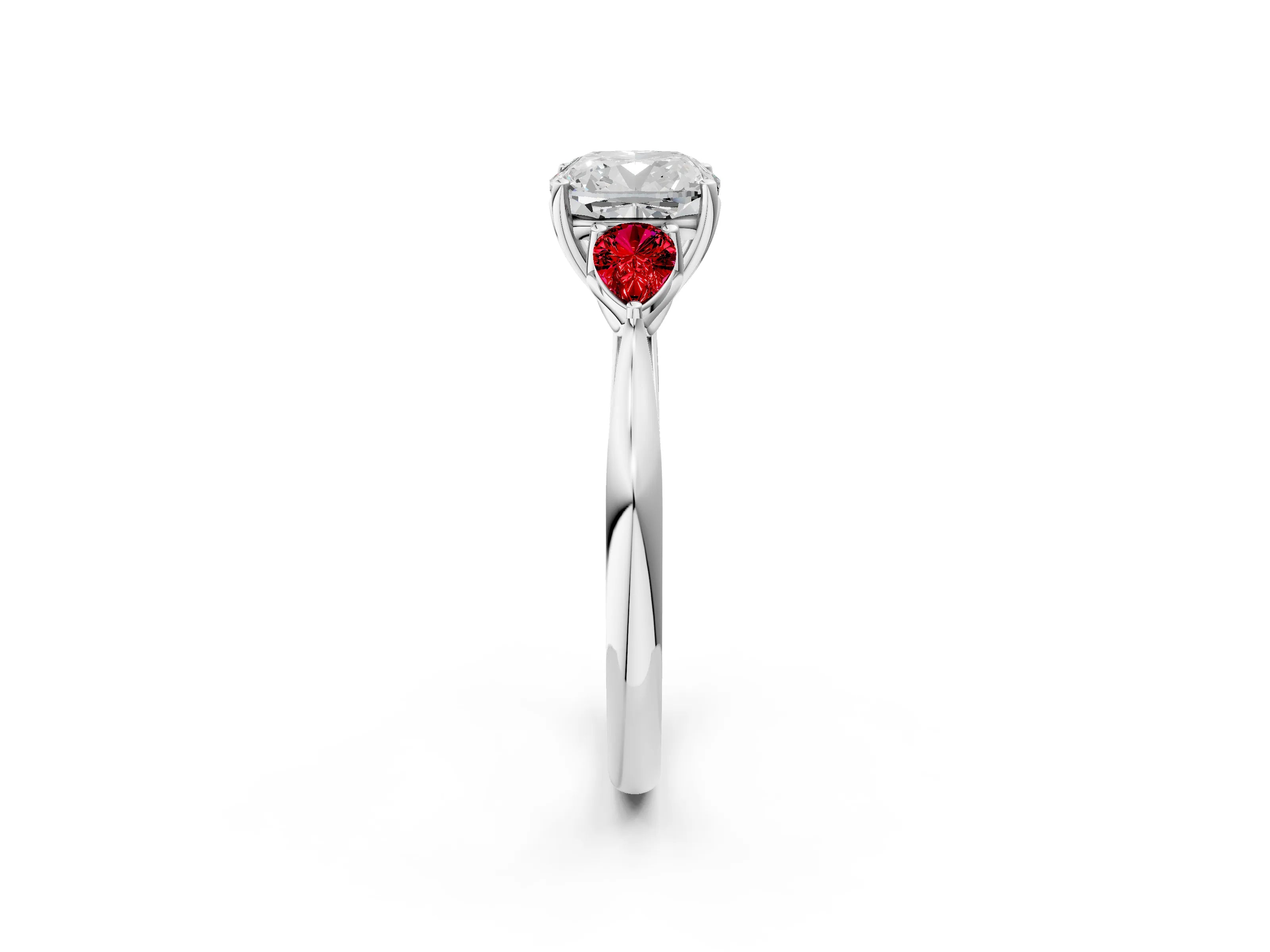 White gold Cushion Cut Diamond Three-Stone Ring with Pear with Ruby side stone Side Stones and Prong Setting_38