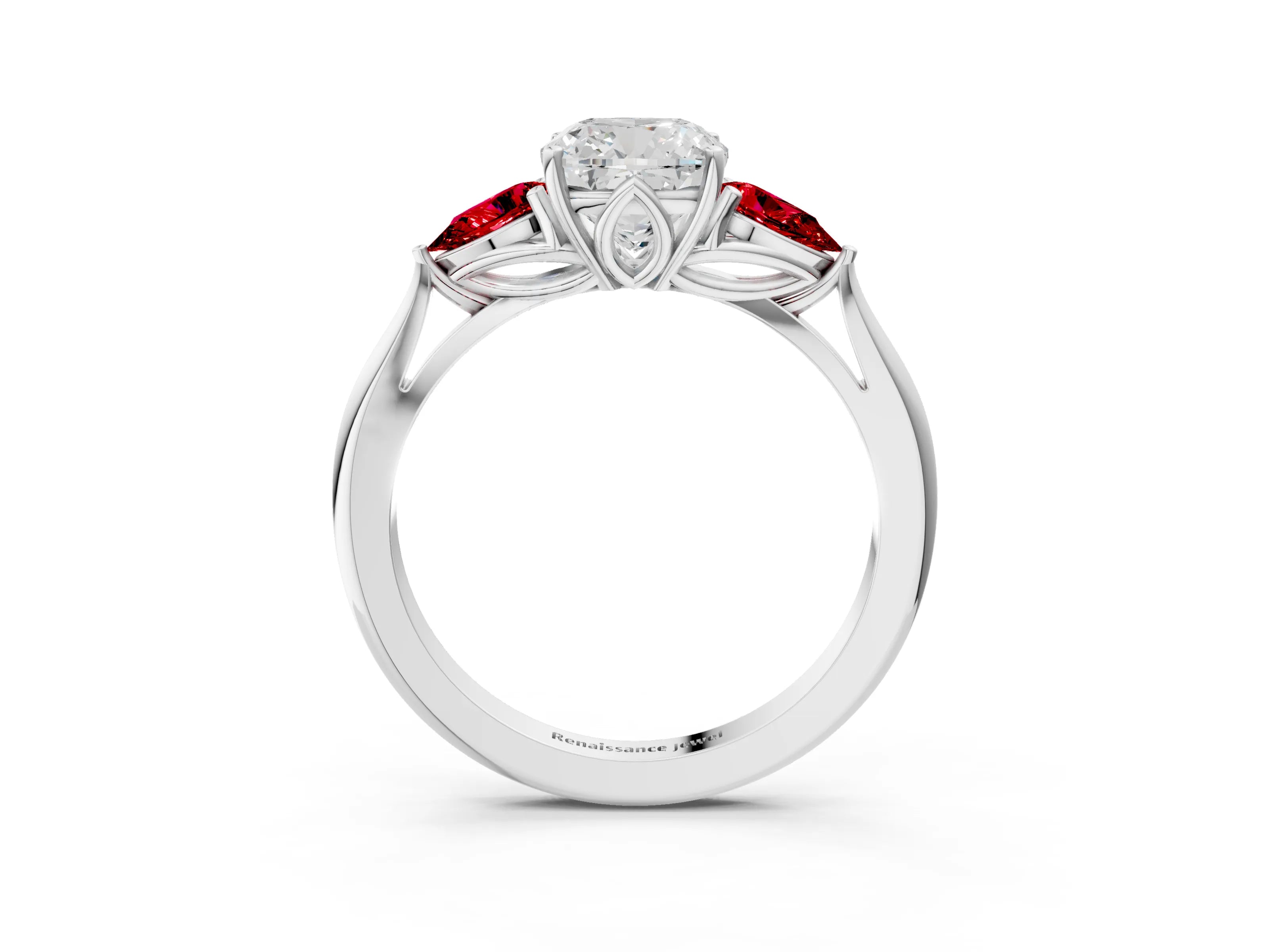 White gold Cushion Cut Diamond Three-Stone Ring with Pear with Ruby side stone Side Stones and Prong Setting_39