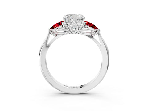 White gold Cushion Cut Diamond Three-Stone Ring with Pear with Ruby side stone Side Stones and Prong Setting_39