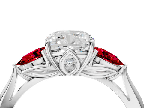 White gold Cushion Cut Diamond Three-Stone Ring with Pear with Ruby side stone Side Stones and Prong Setting_40