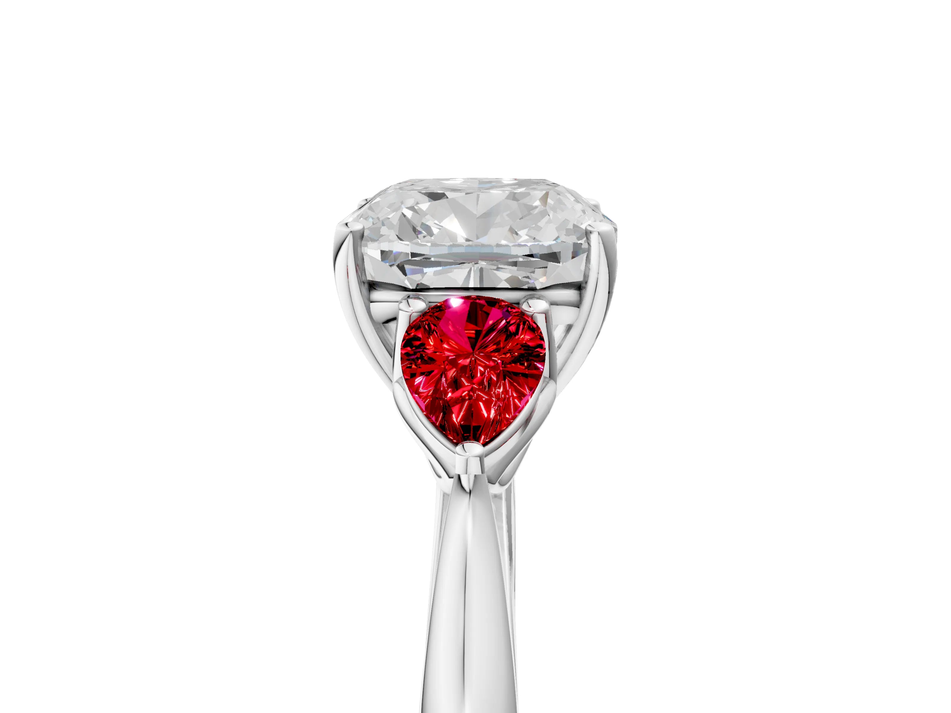 White gold Cushion Cut Diamond Three-Stone Ring with Pear with Ruby side stone Side Stones and Prong Setting_41