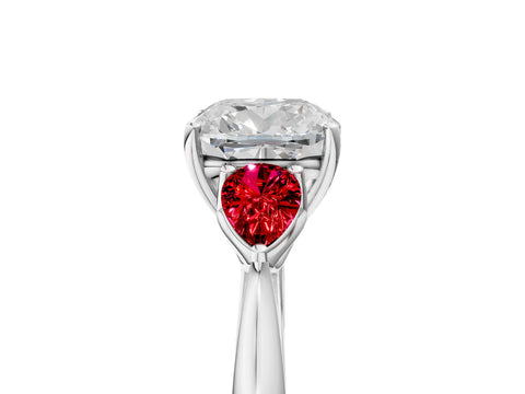 White gold Cushion Cut Diamond Three-Stone Ring with Pear with Ruby side stone Side Stones and Prong Setting_41