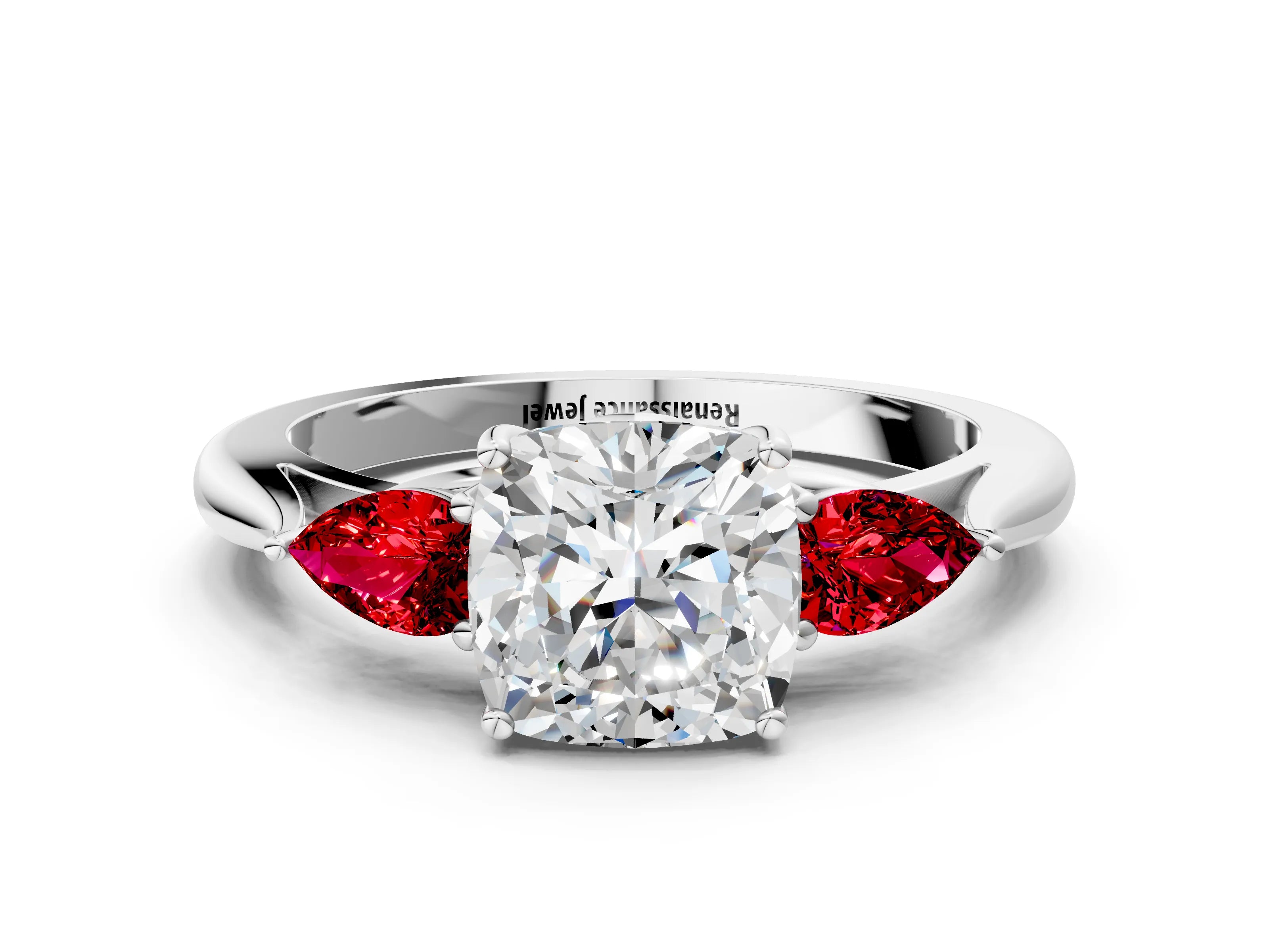 White gold Cushion Cut Diamond Three-Stone Ring with Pear with Ruby side stone Side Stones and Prong Setting_60