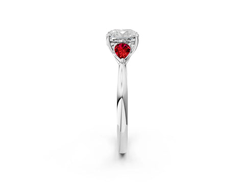 White gold Cushion Cut Diamond Three-Stone Ring with Pear with Ruby side stone Side Stones and Prong Setting_62