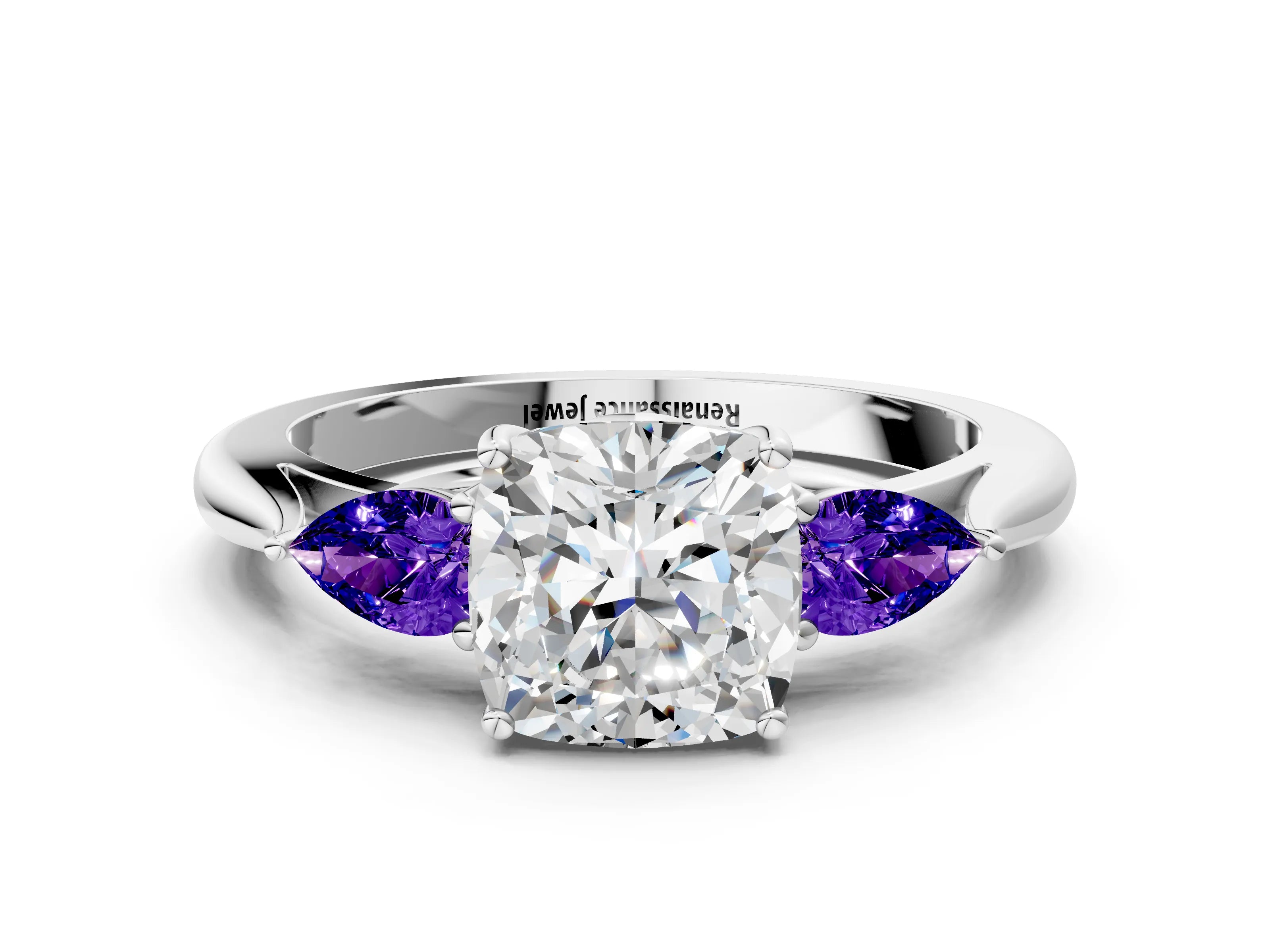 White gold Cushion Cut Diamond Three-Stone Ring with Pear with Tanzanite side stone Side Stones and Prong Setting_12