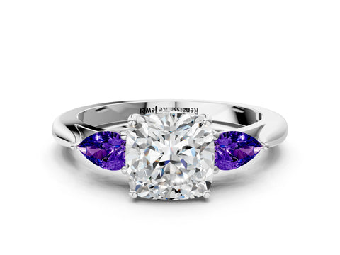 White gold Cushion Cut Diamond Three-Stone Ring with Pear with Tanzanite side stone Side Stones and Prong Setting_12