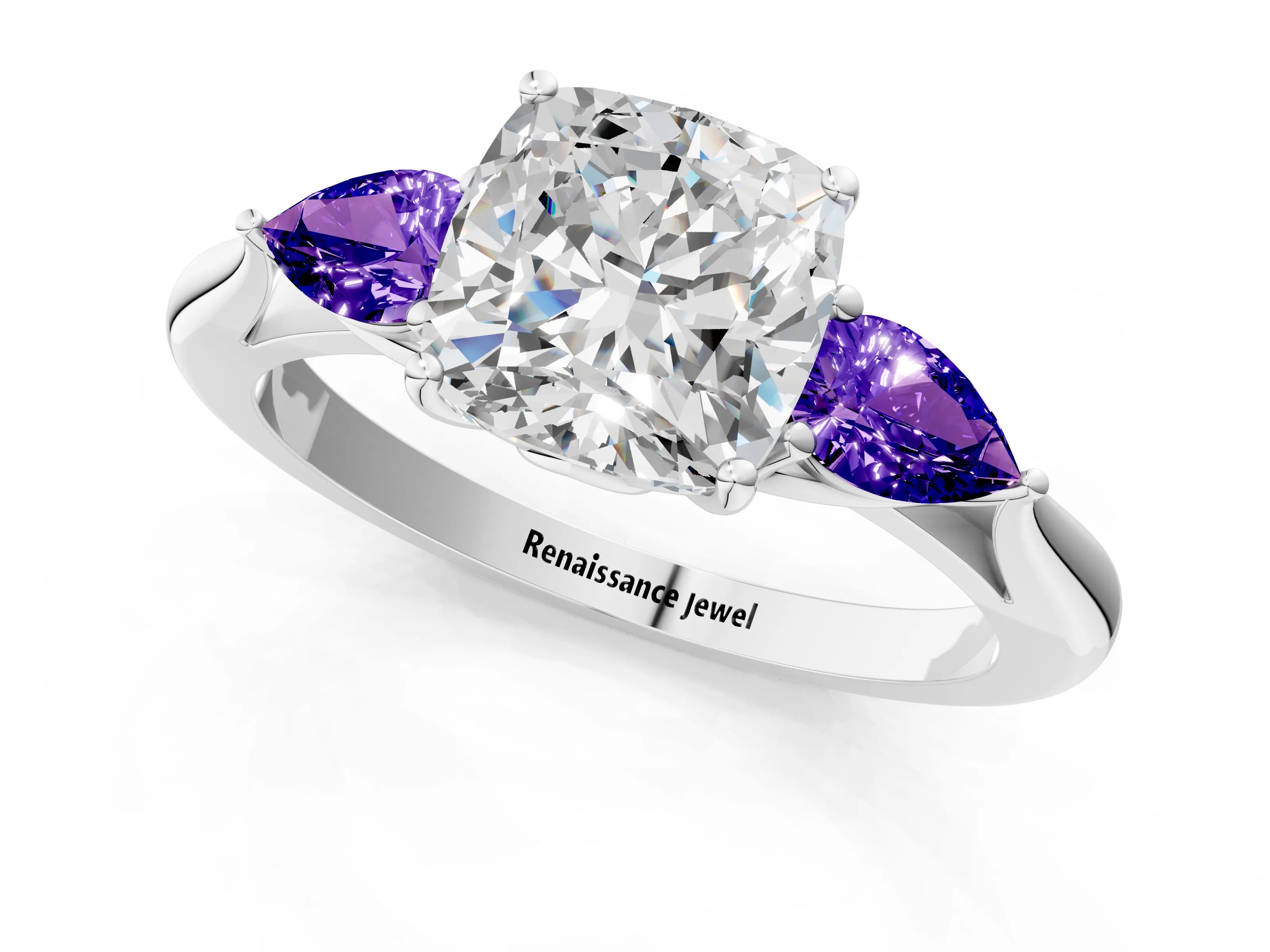 White gold Cushion Cut Diamond Three-Stone Ring with Pear with Tanzanite side stone Side Stones and Prong Setting_13
