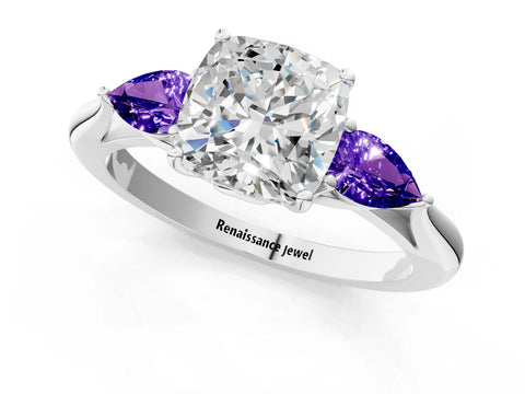 White gold Cushion Cut Diamond Three-Stone Ring with Pear with Tanzanite side stone Side Stones and Prong Setting_13