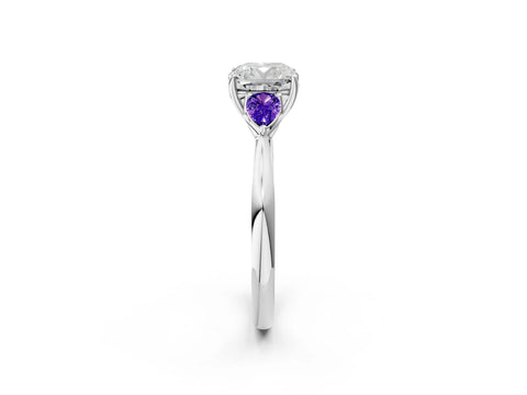 White gold Cushion Cut Diamond Three-Stone Ring with Pear with Tanzanite side stone Side Stones and Prong Setting_14