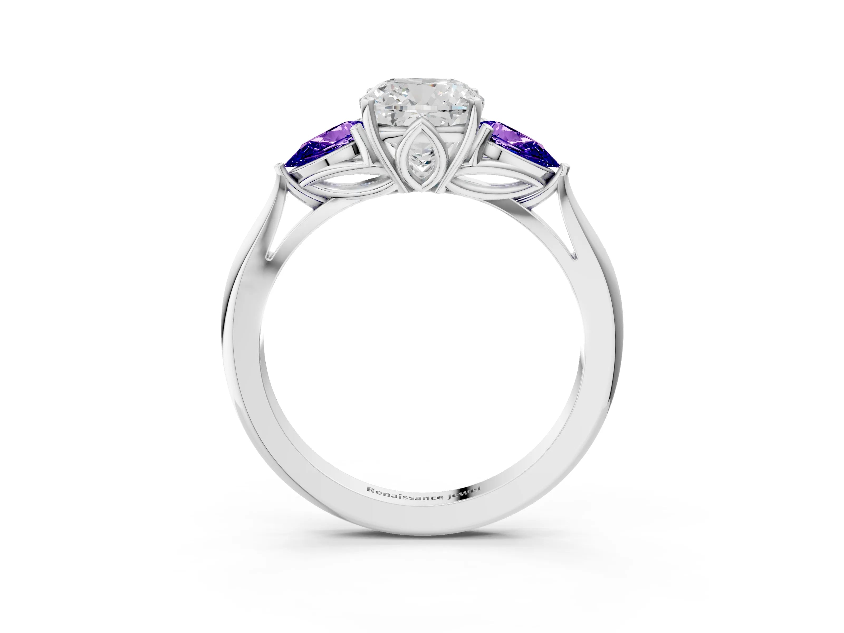 White gold Cushion Cut Diamond Three-Stone Ring with Pear with Tanzanite side stone Side Stones and Prong Setting_15